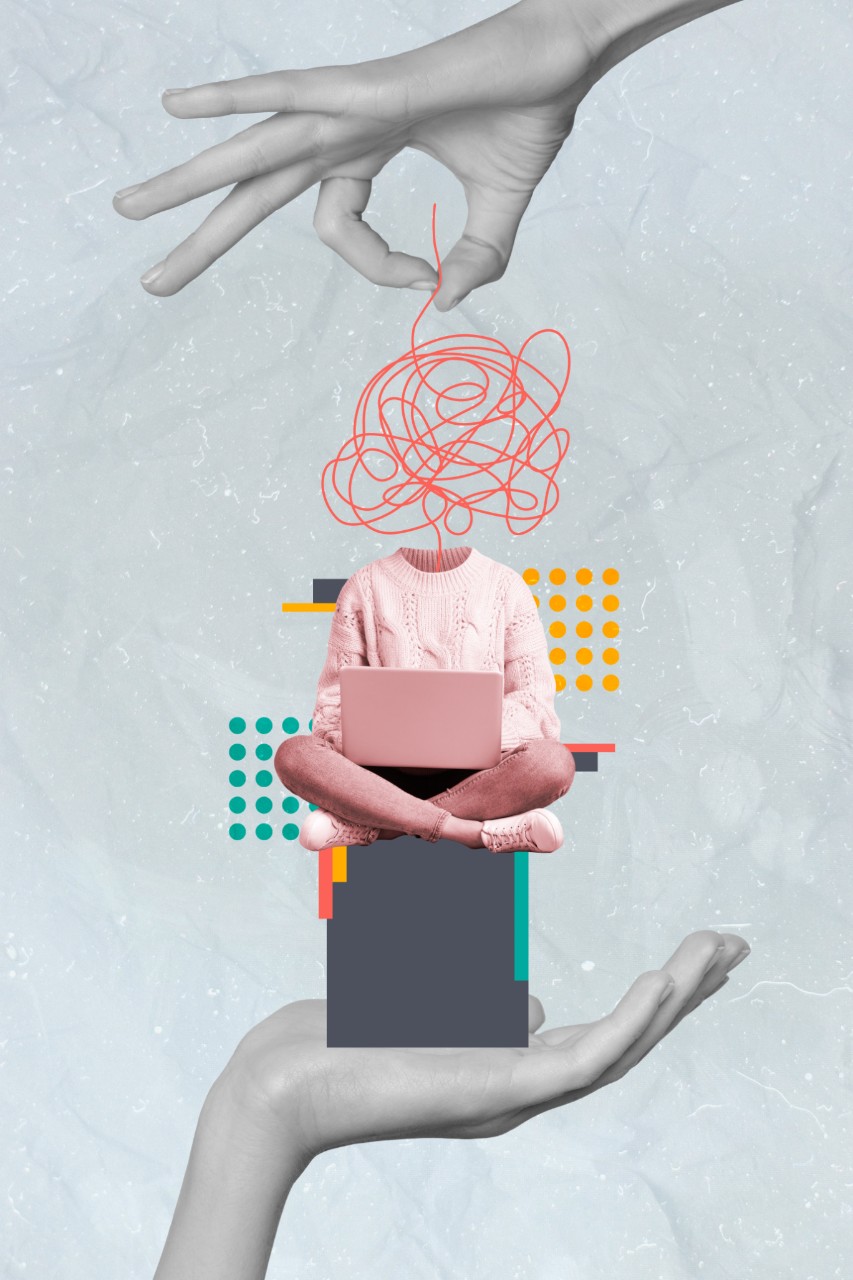 Man writing on laptop with squiggly lines - collage