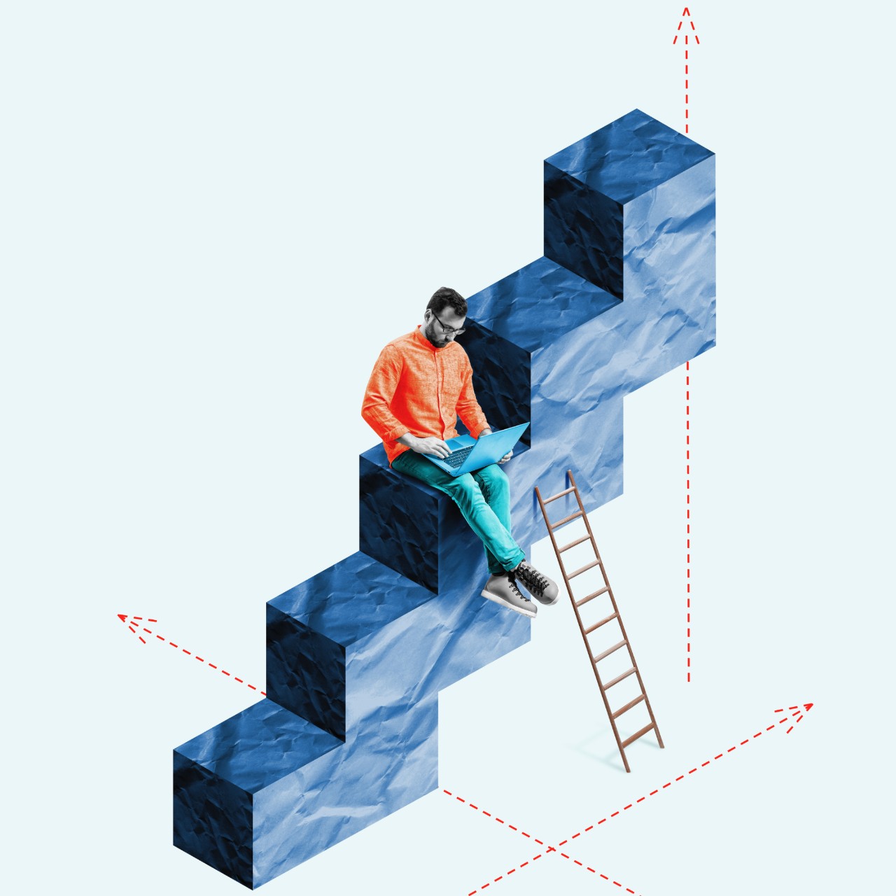 Man writing on top of a staircase - collage