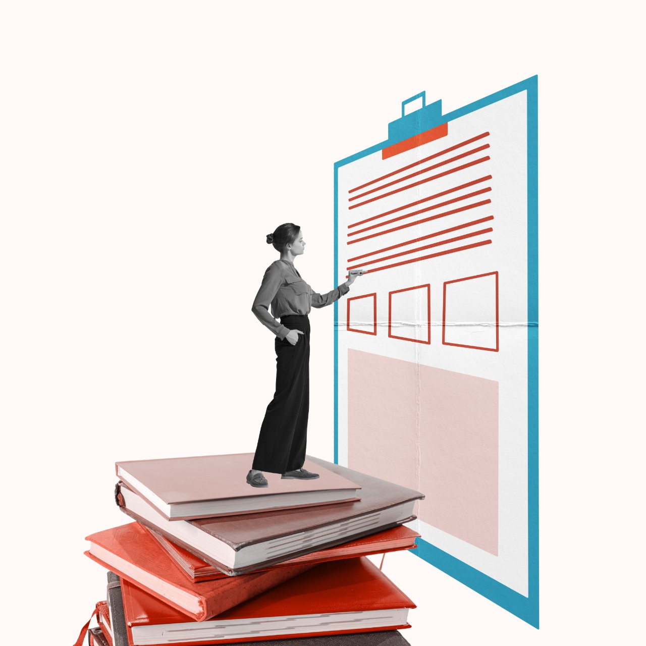 Woman writing on a stack of books - collage