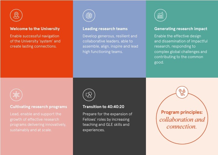Infographic illustrating the program principles and five themes of the Horizon DEvelopment Program which includes: Welcome to the University; Leading research teams; Generating research impact; Cultivating research programs, and; Transition to 40:20:20 academic role. 