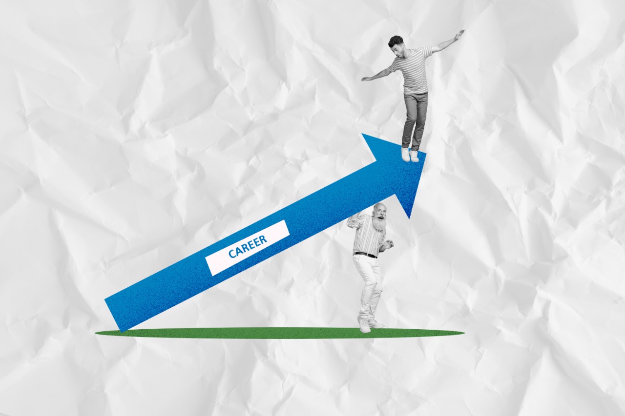 Mentor and mentee playing on a career arrow - collage