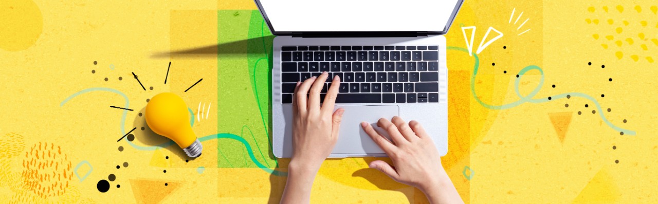 hand typing collage with lightglobe and yellow background