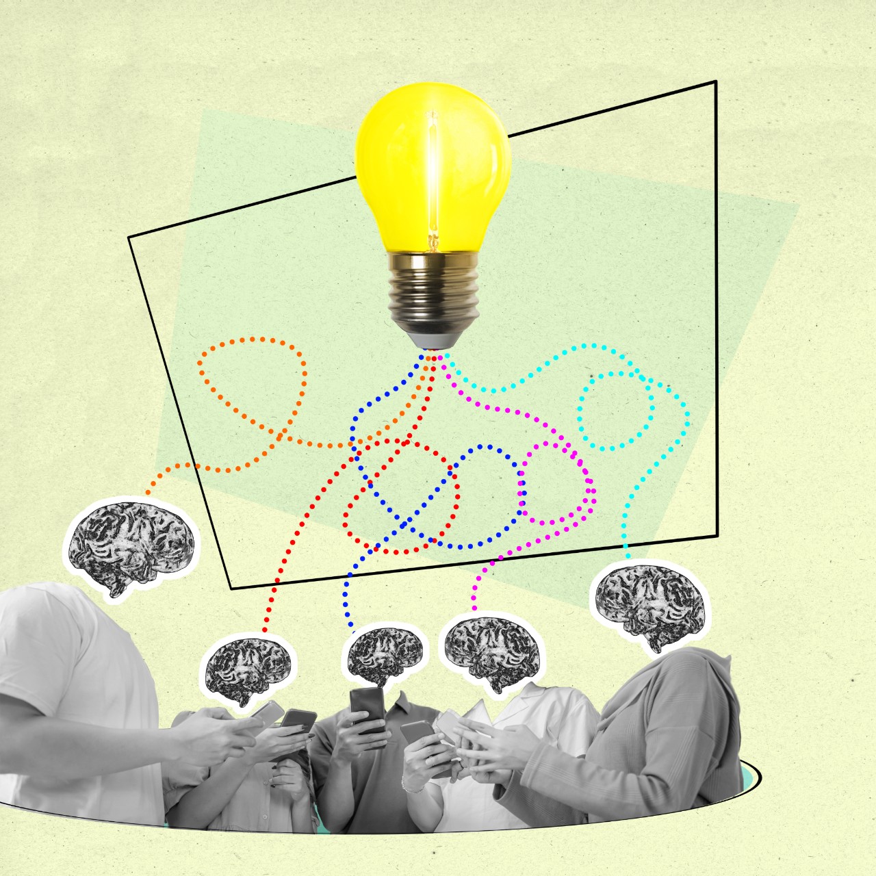 collage of people, brains, ideas