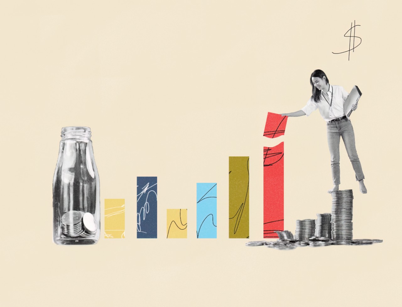 Woman standing on coins looking at a graph - collage