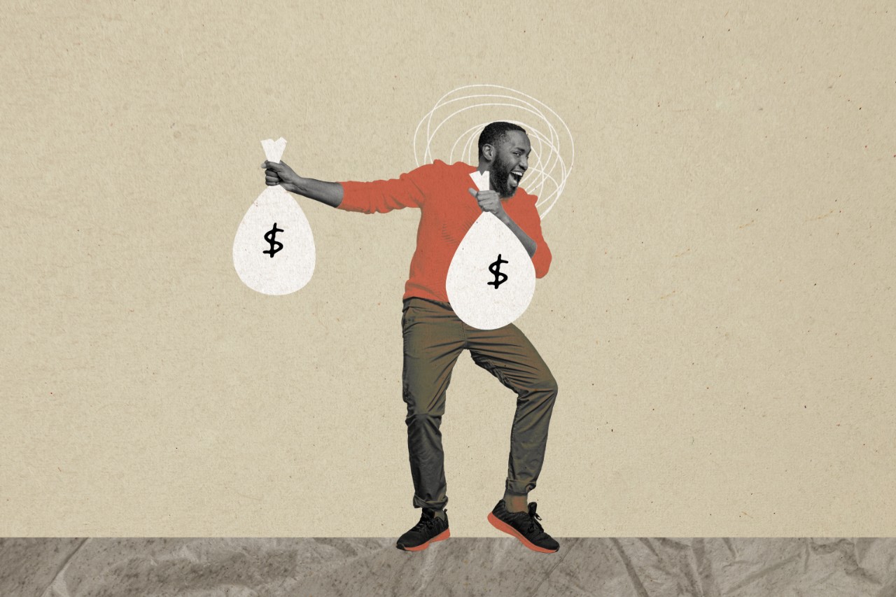 Man carrying money bags - collage