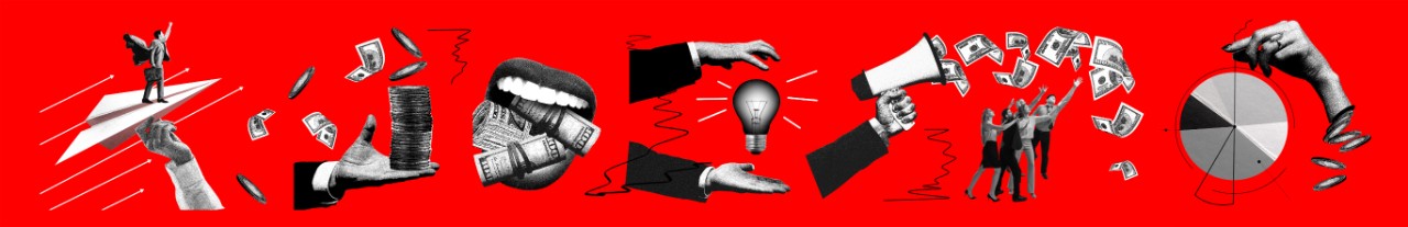 Collage of Funding pictures with red background