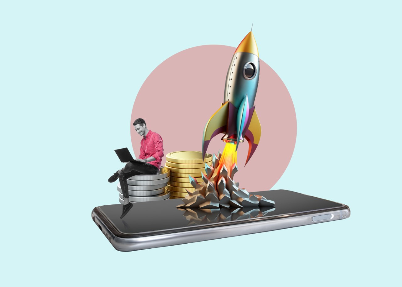 Man sitting on coins on top of a phone - collage