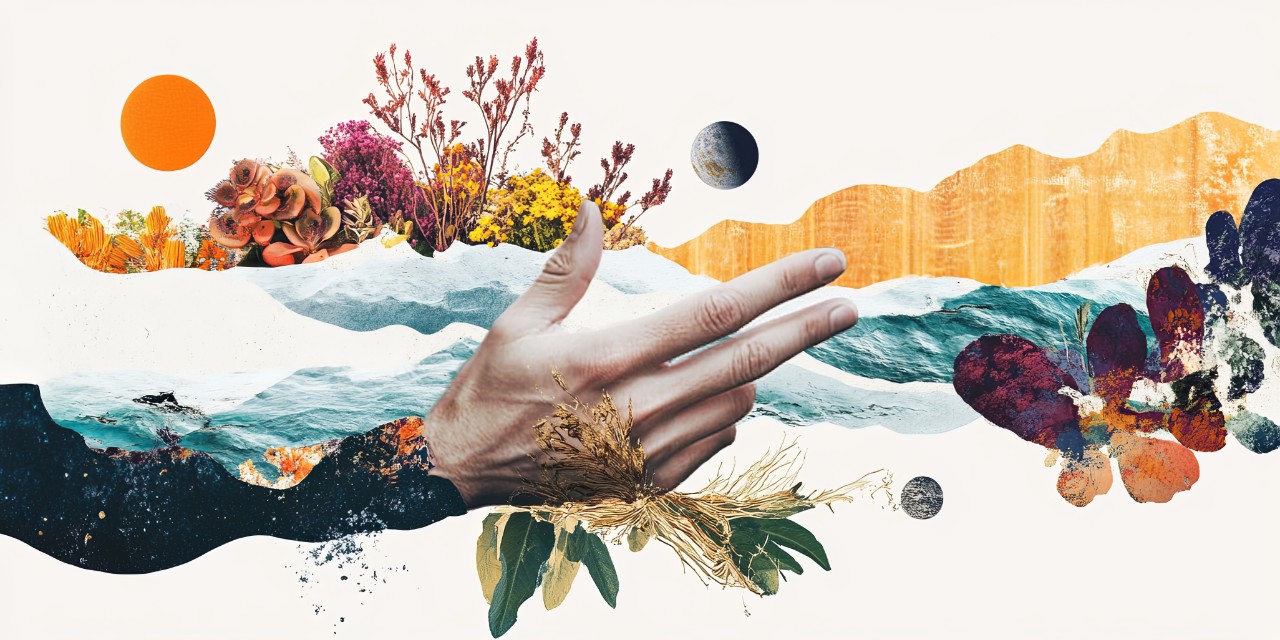 Impact Types Collage with different textures, globe, and a hand going across them