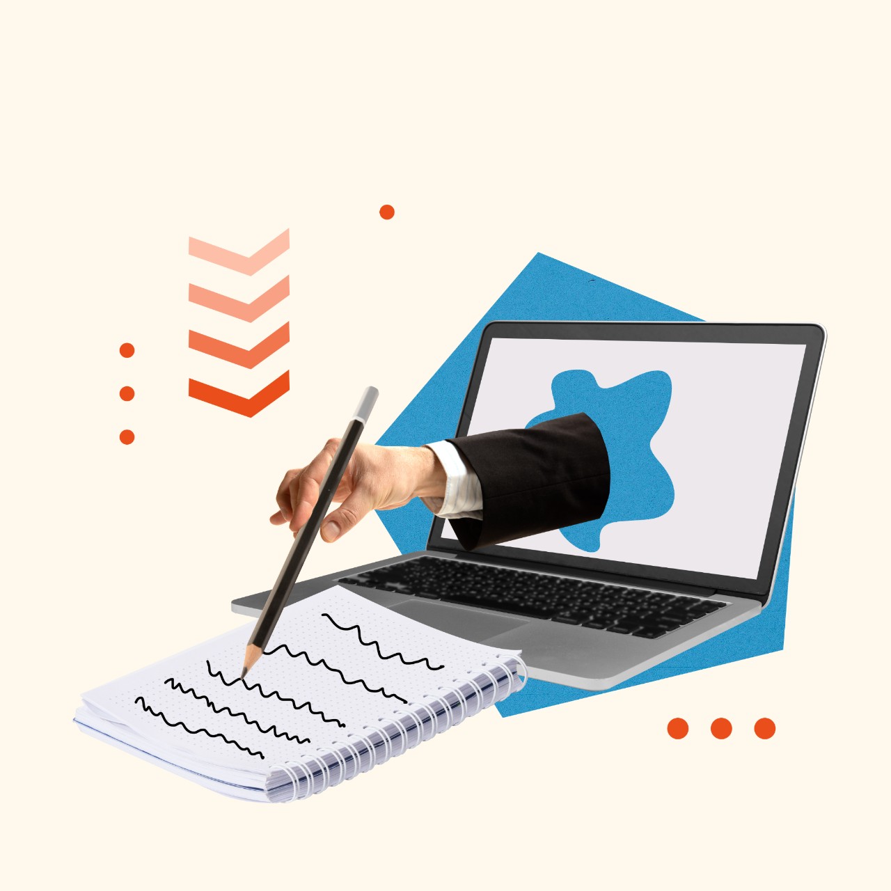 Collage representing writers block with hand coming out of laptop