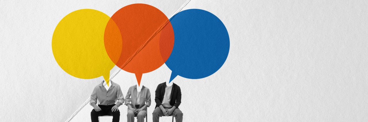 People with coloured comment boxes on their heads, collage to represent collaboration 
