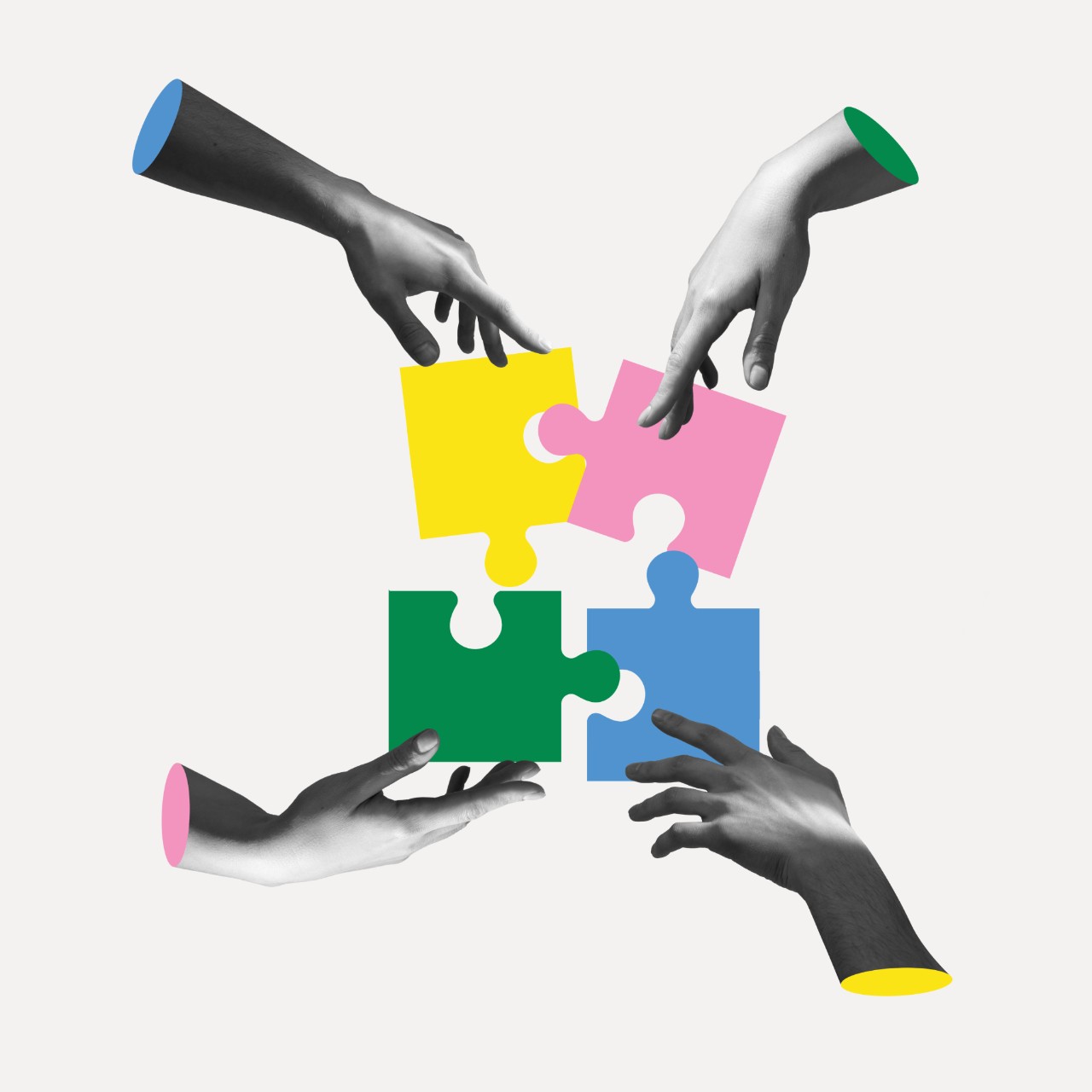 Hands putting a puzzle together. Collage representation of collaboration