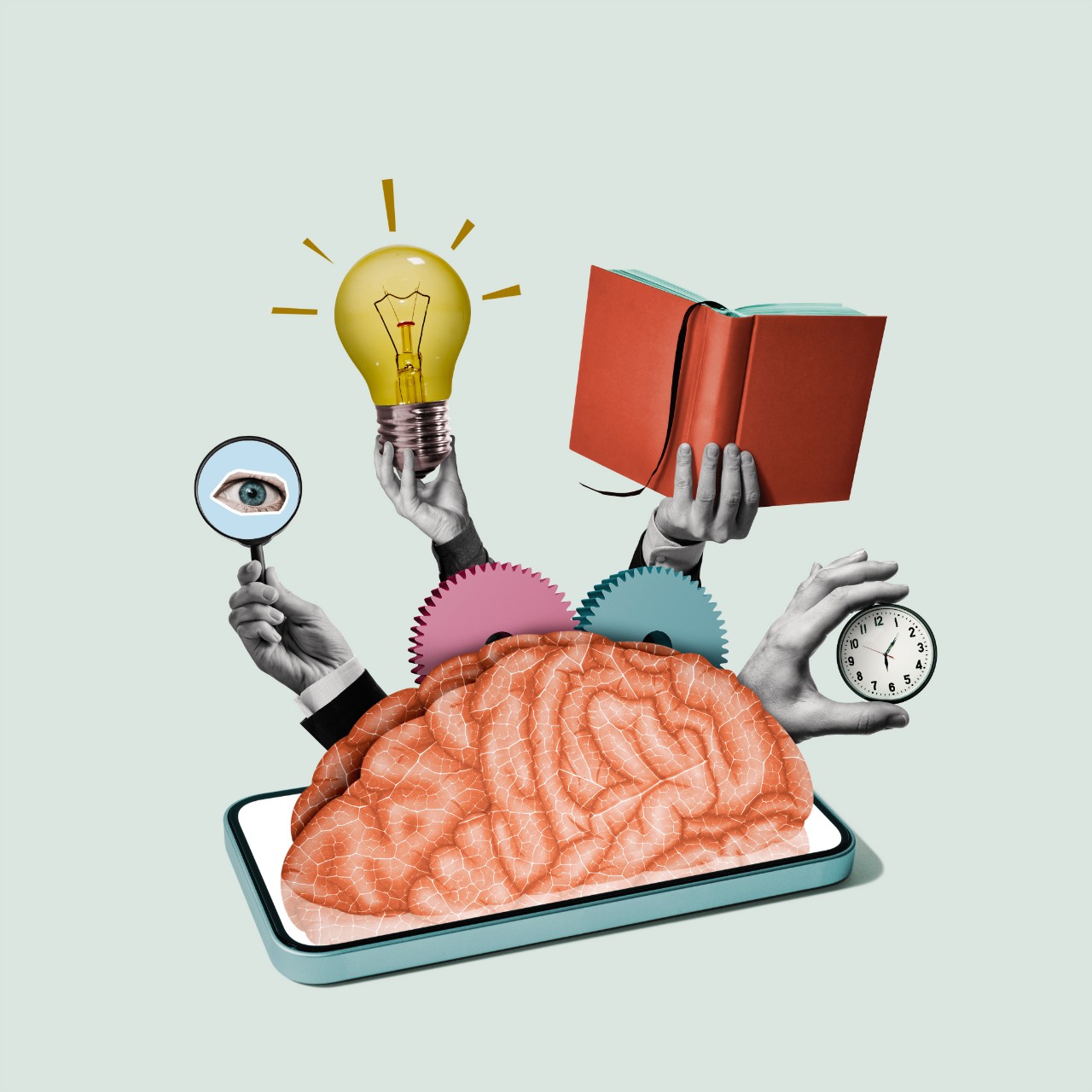 Collage on planning with brain, book, clock and eye