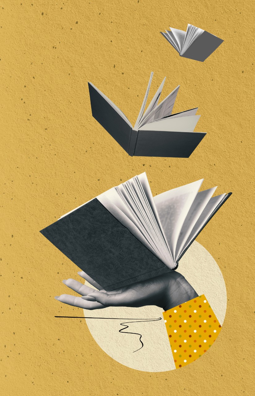 collage of books and printed material