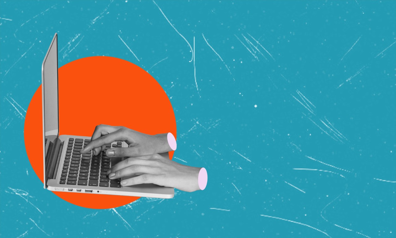 Hands typing on a computer - collage
